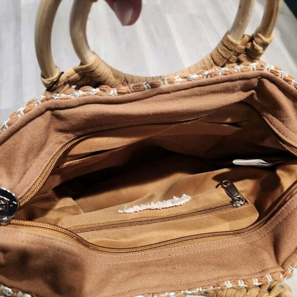 America & Beyond Brown Silver Tote Bag Round Wood Handles Woven Jute  Boho NWT - Picture 3 of 3